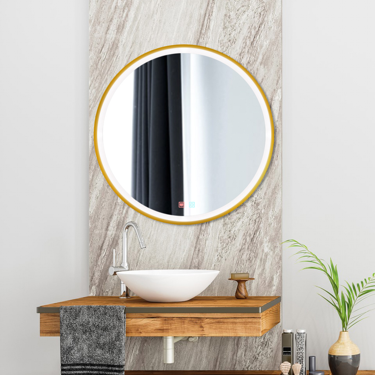 SOL NEGRO (2) Espejo de Baño Led redondo Antivaho. Modelo SOL Marco aluminio oro - Imagen 1