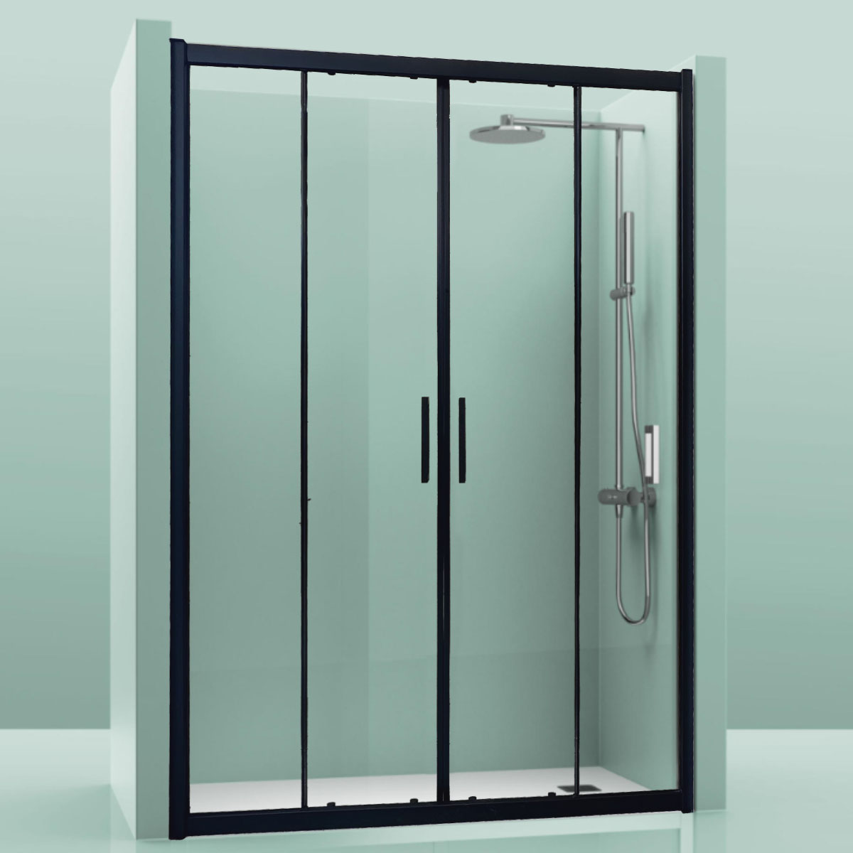 mampara-future-frontal_NEGRA Mampara Fuerteventura Frontal Negra 2 Fijos + 2 Puertas - Imagen 1