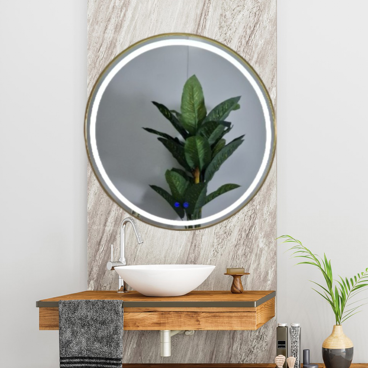 espejo neptuno oro (1) Espejo de Baño Led Redondo Antivaho. Modelo Neptuno Marco Acero Oro - Imagen 1