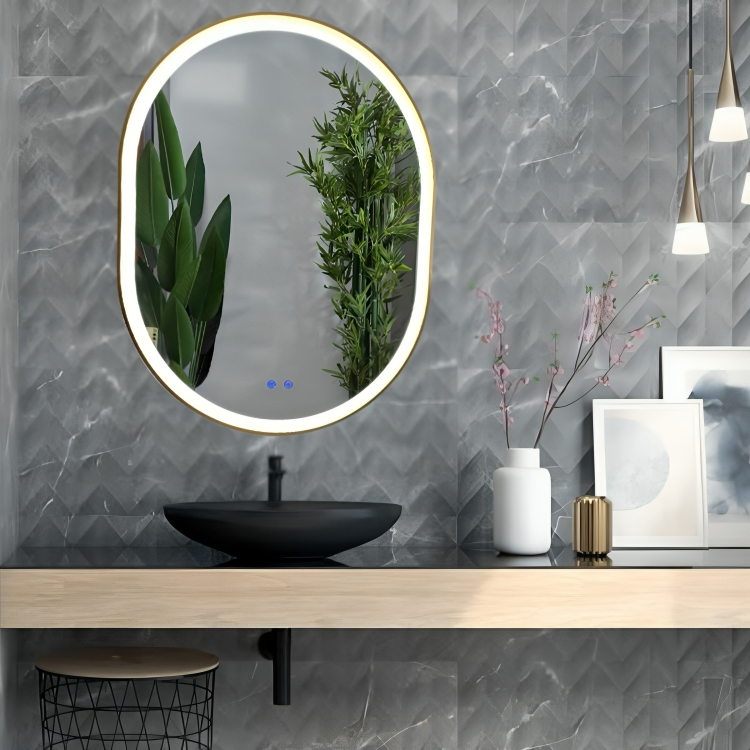 venus oro (1) Espejo de Baño Led / Antivaho Oval. Modelo Venus Canto Blanco Y Marco Oro - Imagen 1