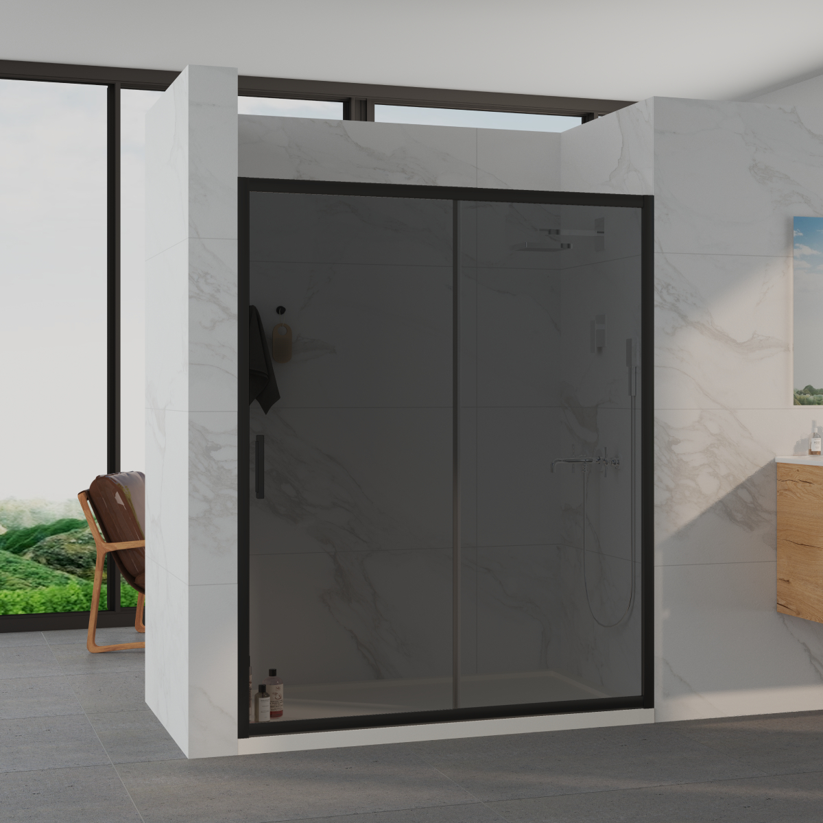 future 100 negra fume Mampara Frontal Lanzarote Future 100 Negra Cristal Parsol Fume 1 Fijo+1Puerta - Imagen 1