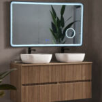 Espejo De Baño Led / Antivaho Rectangular. Modelo Marte Canto Blanco Marco Negro Con Lupa x3